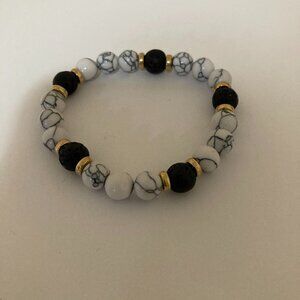 White Howlite Black Lava Stone Beaded Bracelet Stretch